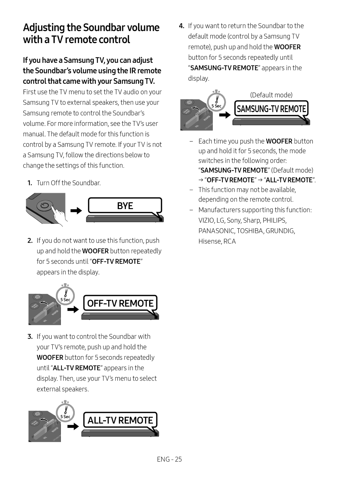 Samsung HW-N550/ZF manual Adjusting the Soundbar volume with a TV remote control, → Off‑Tv Remote → All‑Tv Remote 